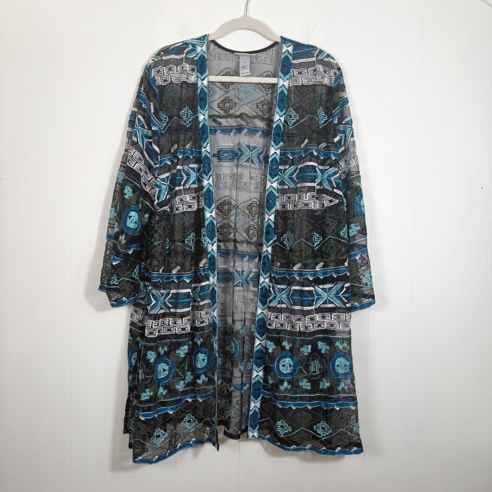 Catherines Embroidered Mesh Kimono Cardigan Black Blue Geometric Boho Topper 3X